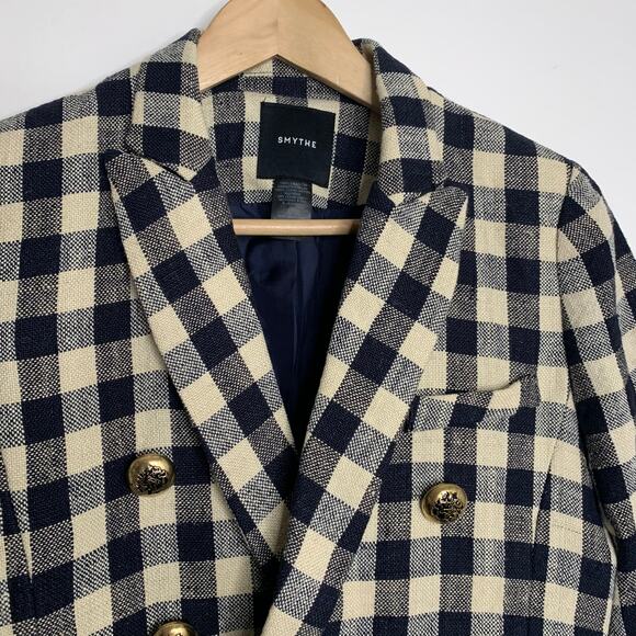 Smythe Women's Double Breasted Min Plaid Blazer Navy Check Size 6 - Picture 6 of 14